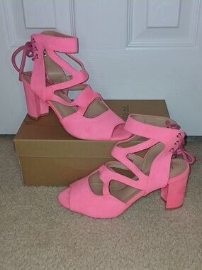 Fereshte Hot Pink Suede Lace Up Open-Toe Heels Women's Size 8/39